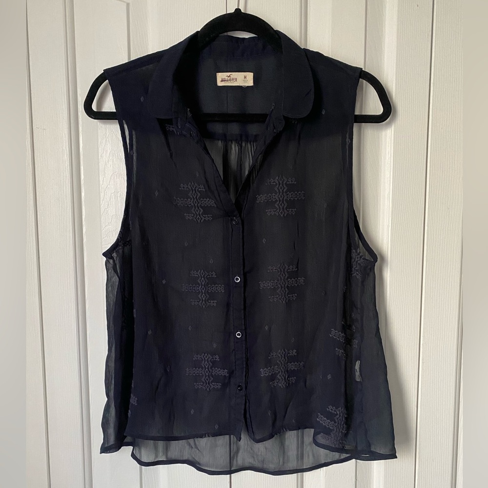 HOLLISTER BUTTON DOWN BLACK OR NAVY BLUE SHEER BLOUSE - MEDIUM